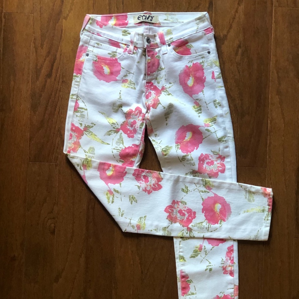 Women’s White and Pink Floral Print Jeans, Size 25